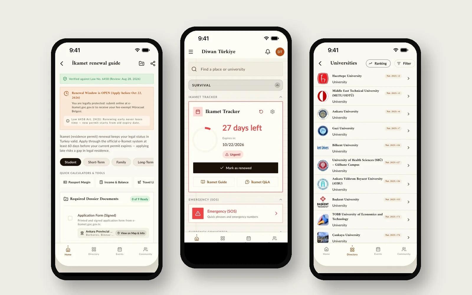 Three Diwan Türkiye screens: the İkamet renewal guide, the home screen with an İkamet countdown, and Ankara's universities.